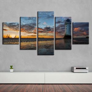 Lighthouse Sunrise - Nature 5 Panel Canvas Art Wall Decor