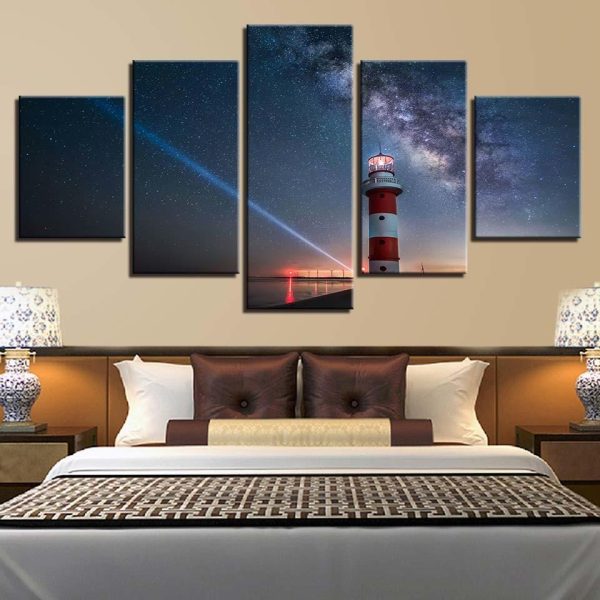 Lighthouse with stars - Space 5 Panel Canvas Art Wall Decor