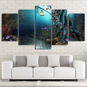 Lights In Forest Fantasy Flowers Tree - Nature 5 Panel Canvas Art Wall Decor