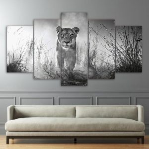 Lion Black White - Animal 5 Panel Canvas Art Wall Decor