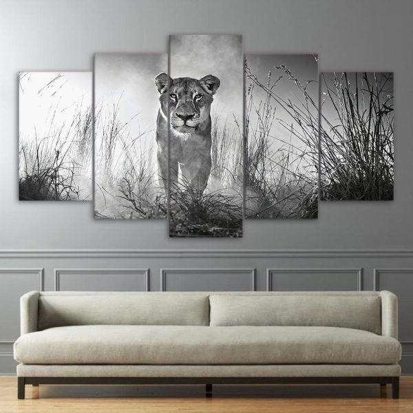 Lion Black White - Animal 5 Panel Canvas Art Wall Decor