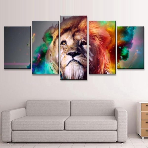 Lion In Colourful - Animal 5 Panel Canvas Art Wall Decor