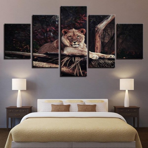 Lion Night View - Animal 5 Panel Canvas Art Wall Decor