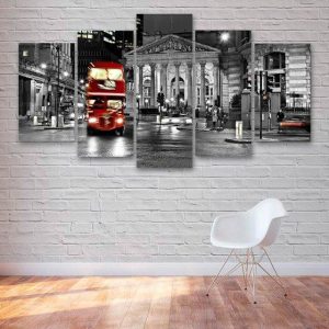 London City Red Bus At Night 02 - Nature 5 Panel Canvas Art Wall Decor