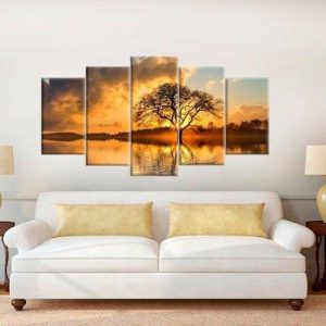 Lone Tree In Lake - Nature 5 Panel Canvas Art Wall Decor