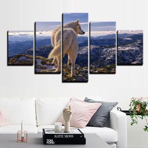 Lone Wolf Mountain Ocean - Animal 5 Panel Canvas Art Wall Decor