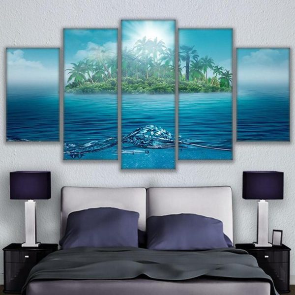 Lonely Island Ocean Landscape Sea Water Trees Palms - Nature 5 Panel Canvas Art Wall Decor