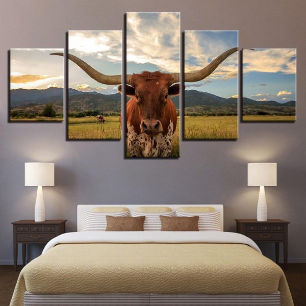 Long Horncattle Animal Ox - Animal 5 Panel Canvas Art Wall Decor