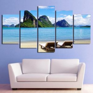 Lounge Chairs On A Beach In The South Pacific - Space 5 Panel Canvas Art Wall Decor