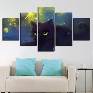 Lovely Big Eyes Black Cat - Animal 5 Panel Canvas Art Wall Decor