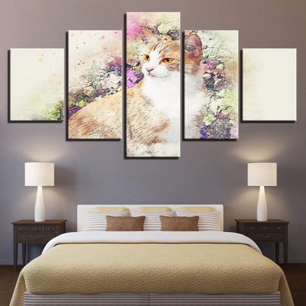 Lovely Cats And Beautiful Flower - Animal 5 Panel Canvas Art Wall Decor