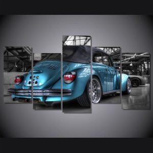 Lowered Blue Volkswagen Bug Beetle Conv 01 - Automative 5 Panel Canvas Art Wall Decor