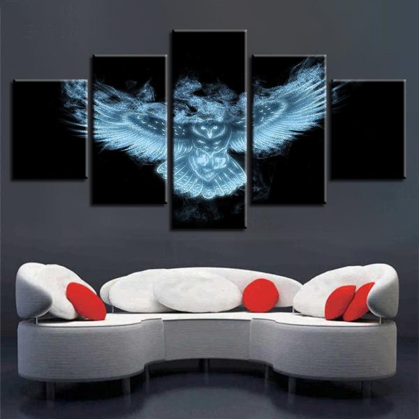 Luminous Animal Owl Night View - Abstract 5 Panel Canvas Art Wall Decor