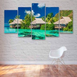 Maldives Beach Huts Tropical - Nature 5 Panel Canvas Art Wall Decor