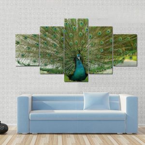 Male Peacock Showing His Tail Feathers - Animal 5 Panel Canvas Art Wall Decor