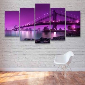 Manhattan Bridge By Night - Nature 5 Panel Canvas Art Wall Decor