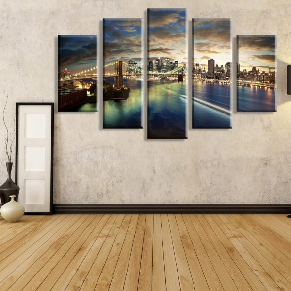 Manhattan Brooklyn Bridge Victory Day - Nature 5 Panel Canvas Art Wall Decor