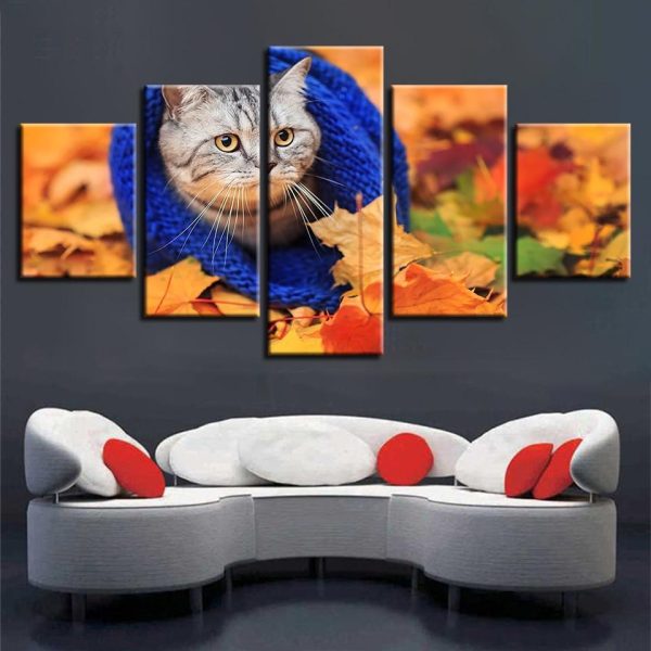 Maple Leaf And Animal Lovely Cats - Animal 5 Panel Canvas Art Wall Decor