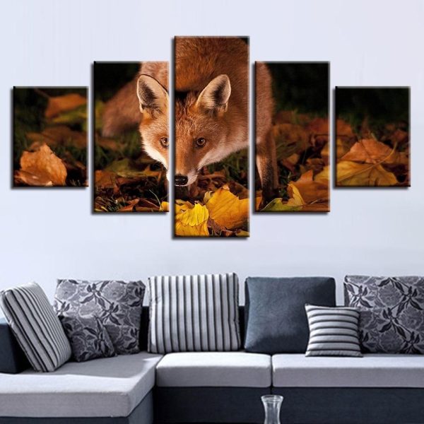 Maple Leaf And Animal Wolf - Animal 5 Panel Canvas Art Wall Decor