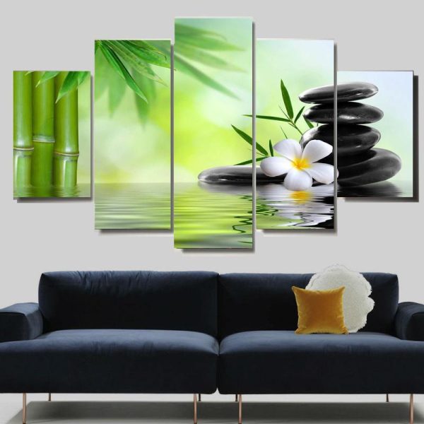 Massage Hot Stone And White Flower - Nature 5 Panel Canvas Art Wall Decor