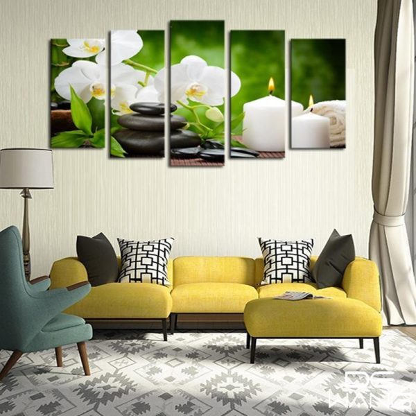 Massage Hot Stones And Flowers - Nature 5 Panel Canvas Art Wall Decor