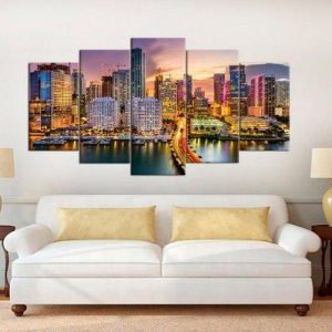 Miami Florida Miami Skyline Miami - Nature 5 Panel Canvas Art Wall Decor