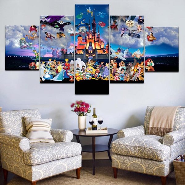 Mickey Mouse Castle Cartoon - 5 Panel Canvas Art Wall Decor