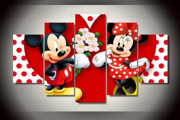 Mickey Mouse Mickey Giving Flowers To Minnie Cartoon - 5 Panel Canvas Art Wall Decor