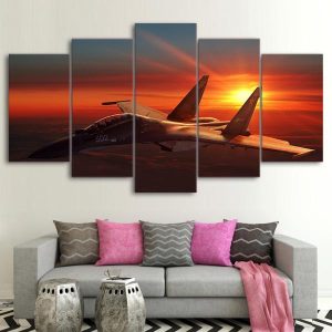 Military Air Force Jet Airplane Aircraft At Sunset 01 - Aircraft 5 Panel Canvas Art Wall Decor