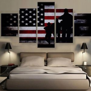 Military Silhouette With Flag At Sunset - Army 5 Panel Canvas Art Wall Decor