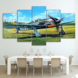 Military Vintage Airplane Plane Take-Off On Green Grass - Aircraft 5 Panel Canvas Art Wall Decor