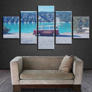 Mini Bus Car Seaview Mountain Lake - Automative 5 Panel Canvas Art Wall Decor