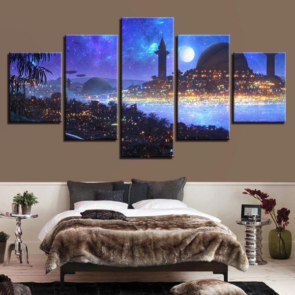 Moon And City Building - Nature 5 Panel Canvas Art Wall Decor