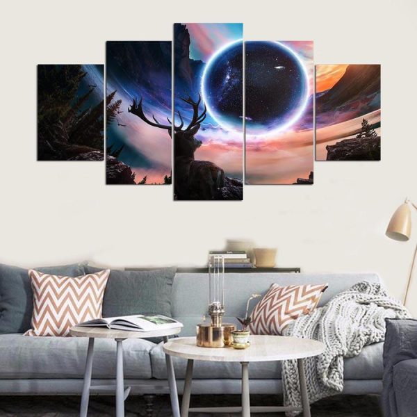 Moon And Deer Landscape - Abstract Animal 5 Panel Canvas Art Wall Decor