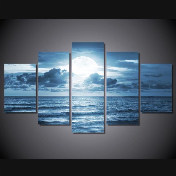 Moon Moonlight Sea Ocean - Nature 5 Panel Canvas Art Wall Decor