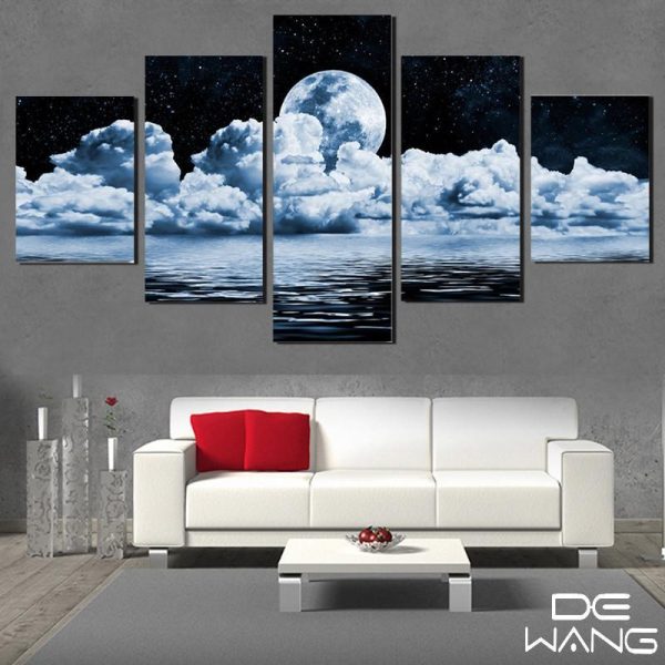 Moon On Clouds - Space 5 Panel Canvas Art Wall Decor