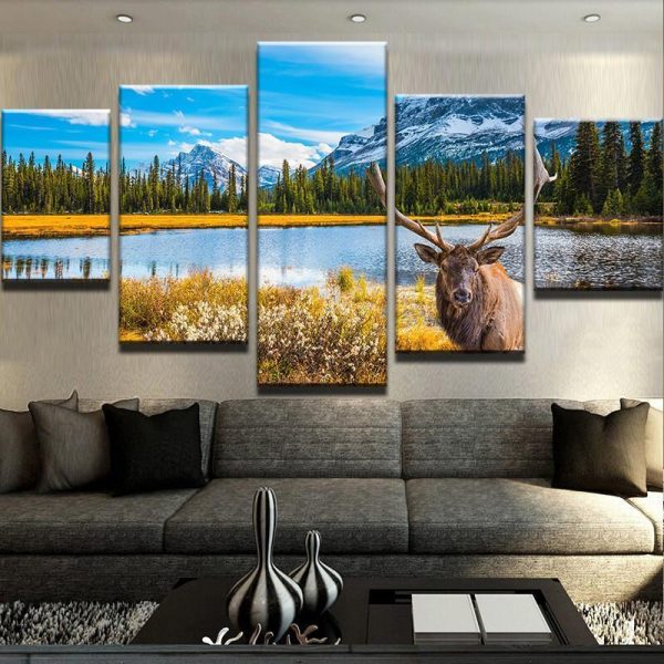 Moose French Canada - Nature 5 Panel Canvas Art Wall Decor