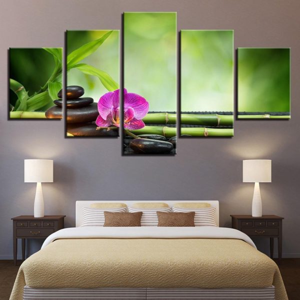 Moth Orchid Flowers Bamboo Stones - Nature 5 Panel Canvas Art Wall Decor