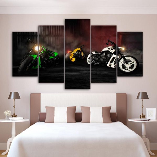 Motorcycles Green Yellow - Automative 5 Panel Canvas Art Wall Decor