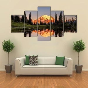 Mount Rainier Reflection From Tipsoo Lake At Sunrise Nature - 5 Panel Canvas Art Wall Decor