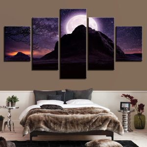 Mountain And Moon Beautiful Starry - Nature 5 Panel Canvas Art Wall Decor