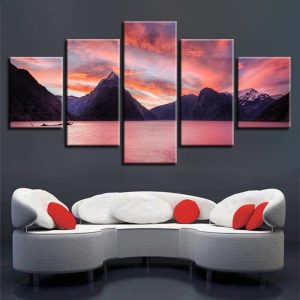 Mountain Lake Red Clouds - Nature 5 Panel Canvas Art Wall Decor