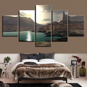 Mountain Lake Sunshine - Nature 5 Panel Canvas Art Wall Decor