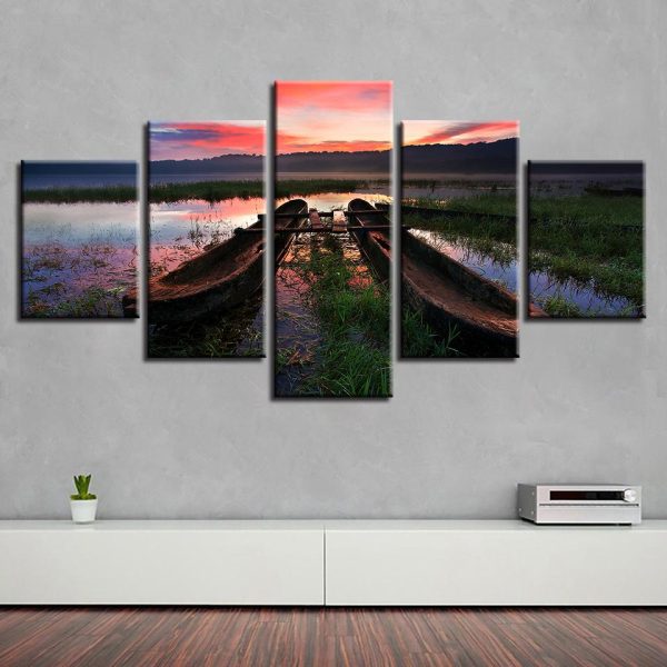 Mountain Ship River Grass - Nature 5 Panel Canvas Art Wall Decor