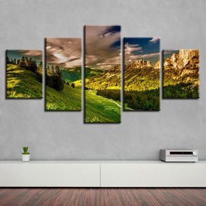 Mountain Sunshine Tree - Nature 5 Panel Canvas Art Wall Decor