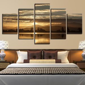 Mountain Tree Lake Beautiful Sunshine - Nature 5 Panel Canvas Art Wall Decor