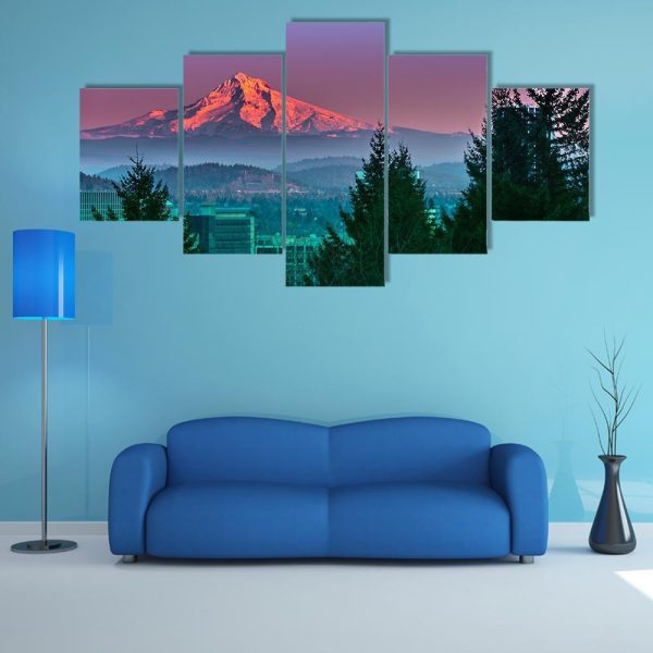 Mt Hood At Sunset - Nature 5 Panel Canvas Art Wall Decor