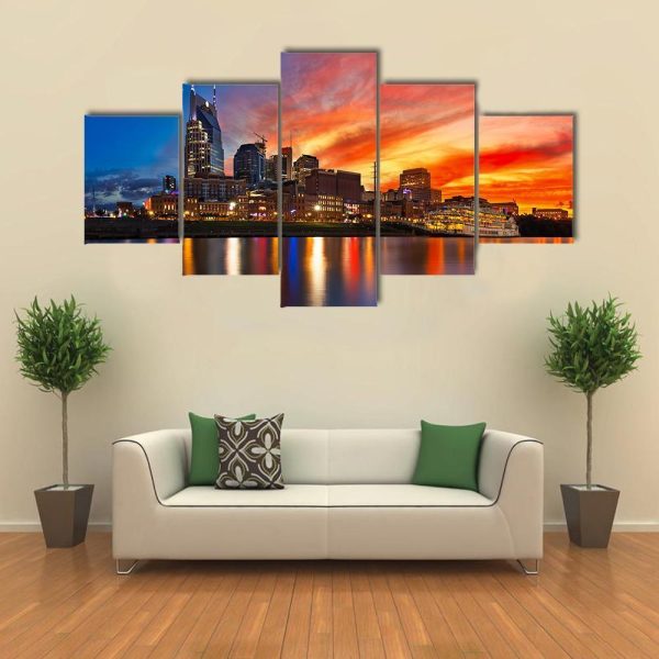 Nashville Skyline At Sunset - Nature 5 Panel Canvas Art Wall Decor