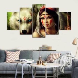 Native American Girl And Wolf - Army 5 Panel Canvas Art Wall Decor