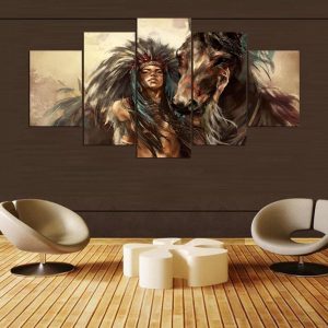 Native American Indian Girl Horse - Army 5 Panel Canvas Art Wall Decor